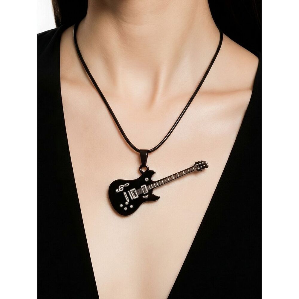 Guitar Pendant Guitarist Gift Player Black Corded Necklace Electric Bass Band